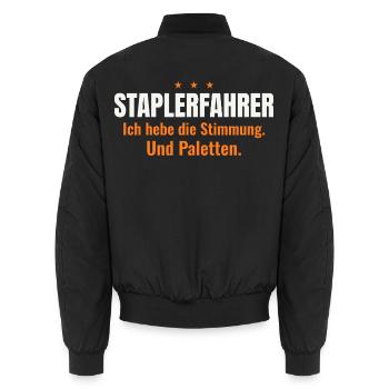 Staplerfahrer – Stimmung & Paletten (dunkel) - Unisex Bomberjacke - Schwarz - Hinten - AI Model Male 185 light (185cm)