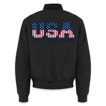 College USA Red White Blue Stars And Stripes Motto - Unisex Bomberjacke - Schwarz - Hinten - AI Model Male 185 light (185cm)