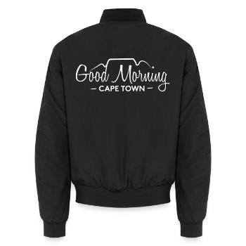 Good Morning Cape Town – White Logo - Unisex Bomberjacke - Schwarz - Hinten - AI Model Male 185 light (185cm)