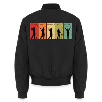 Retro Golf Steps Abschlag Drive, Putt Loch Out - Unisex Bomberjacke - Schwarz - Hinten - AI Model Male 185 light (185cm)