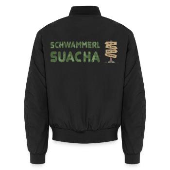 Schwammerlsuacha - Wegweiser Dialekt - Unisex Bomberjacke - Schwarz - Hinten - AI Model Male 185 light (185cm)