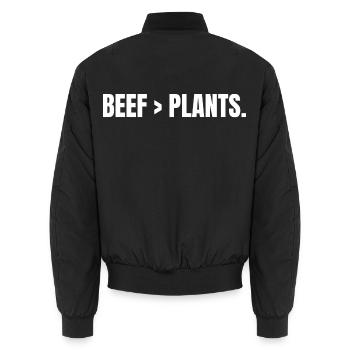 BŒUF > PLANTS | Steak carnivore au lieu de plantes - Bomber unisexe - noir - Dos - AI Model Male 185 light (185cm)