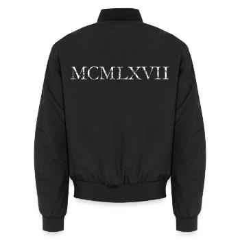 MCMLXVII (Vintage Weiß) Jahrgang 1967 Geburtstag - Unisex Bomberjacke - Schwarz - Hinten - AI Model Male 185 light (185cm)