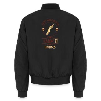 Cabin #11 in Camp Half Blood, Child of Hermes - Unisex Bomber Jacket - black - Back - AI Model Male 185 light (185cm)
