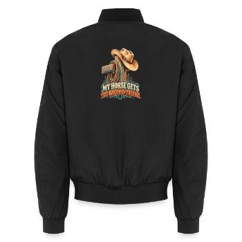 Mein Pferd bekommt die ungeschnittene Version – Western-Humor - Unisex Bomberjacke - Schwarz - Hinten - AI Model Male 185 light (185cm)