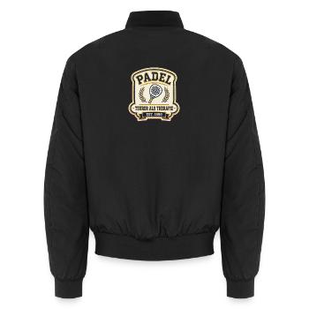 Padel Shirt Teurer Als Therapie | Padel Geschenk - Unisex Bomberjacke - Schwarz - Hinten - AI Model Male 185 light (185cm)