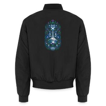 Schottland | Distel, Hirsch & Keltenmuster - Unisex Bomberjacke - Schwarz - Hinten - AI Model Male 185 light (185cm)