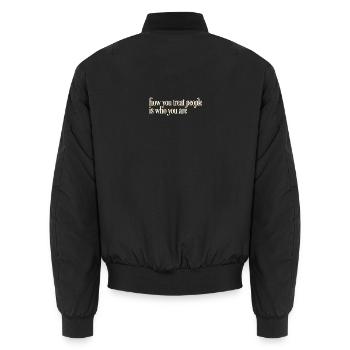 Freundlichkeit definiert Charakter – Freundlichkeitszitat. - Unisex Bomberjacke - Schwarz - Hinten - AI Model Male 185 light (185cm)