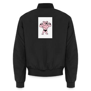 Pink Muscle Bulldog Pose - Unisex Bomber Jacket - black - Back - AI Model Male 185 light (185cm)