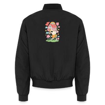 Pastellfarbenes Kaninchen-Puppenhaus in Blüte - Unisex Bomberjacke - Schwarz - Hinten - AI Model Male 185 light (185cm)