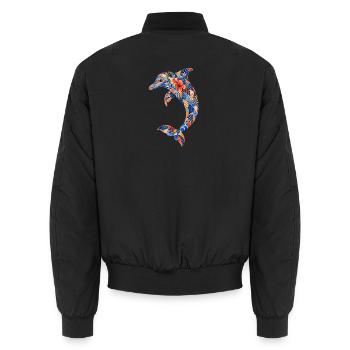 Patchwork-Delfin mit Blumenkraft - Unisex Bomberjacke - Schwarz - Hinten - AI Model Male 185 light (185cm)