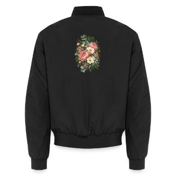 Rosé Weiße Blütenbouquet - Unisex Bomberjacke - Schwarz - Hinten - AI Model Male 185 light (185cm)