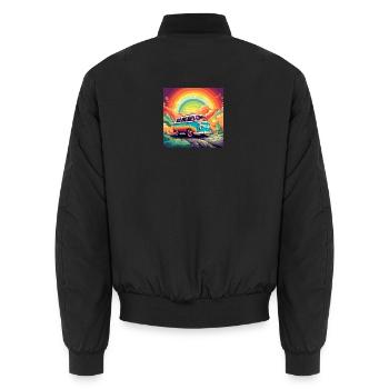 Regenbogen Bus Retroreise - Unisex Bomberjacke - Schwarz - Hinten - AI Model Male 185 light (185cm)