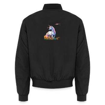 Himmlisches Einhorn im Blumenfeld mit Schmetterlin - Unisex Bomberjacke - Schwarz - Hinten - AI Model Male 185 light (185cm)