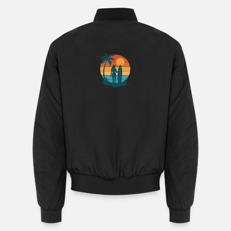 Sunset on the beach with surfer Unisex Bomber Jacket