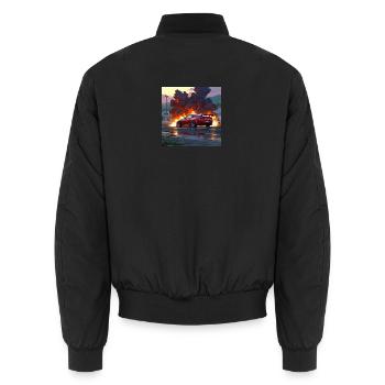 Voiture de sport rouge au milieu d’une tempête de feu urbaine - Bomber unisexe - noir - Dos - AI Model Male 185 light (185cm)