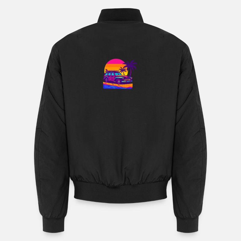 Retro Neon Beach Getaway with Surfboard Surf Woody Unisex Bomber Jacket