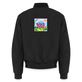 Fröhlicher Süßigkeitenwald Viel Spaß! -Text - Unisex Bomberjacke - Schwarz - Hinten - AI Model Male 185 light (185cm)