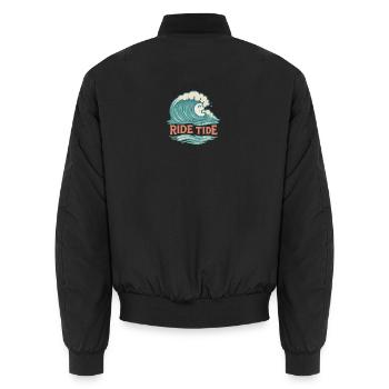 Ride Tide – Surf Wave Design - Unisex Bomber Jacket - black - Back - AI Model Male 185 light (185cm)