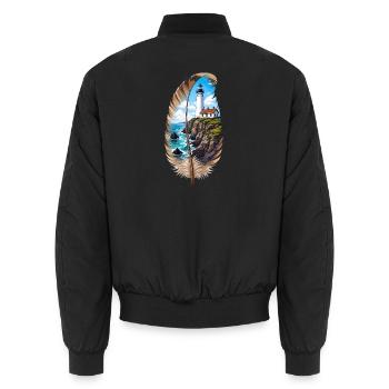 Feder mit Leuchtturm Ostsee Nordsee Meer Küste  - Unisex Bomberjacke - Schwarz - Hinten - AI Model Male 185 light (185cm)