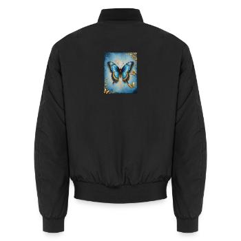 Azurblauer Schmetterling mit Goldakzenten - Unisex Bomberjacke - Schwarz - Hinten - AI Model Male 185 light (185cm)