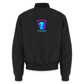 Bleib locker sei ein Axolotl | Neon Spruch Design - Unisex Bomberjacke - Schwarz - Hinten - AI Model Male 185 light (185cm)
