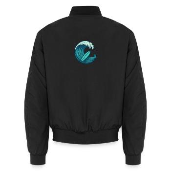 Surf Wave – Retro Surfboard Design - Unisex Bomber Jacket - black - Back - AI Model Male 185 light (185cm)