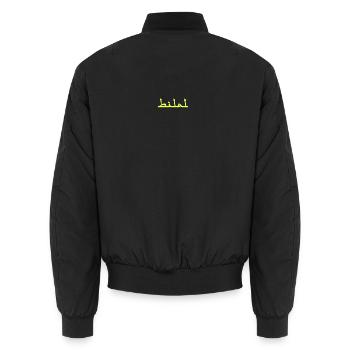 Bilal Neon Font Yellow on Black - Unisex Bomber Jacket - black - Back - AI Model Male 185 light (185cm)