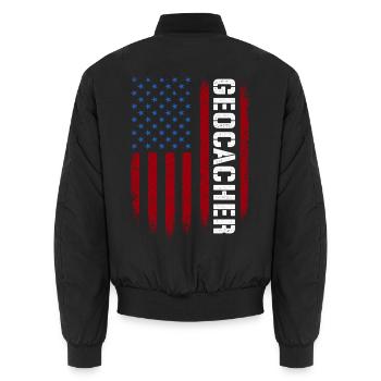 Geocacher – Geocaching Schatzjäger GPS-Caching - Unisex Bomberjacke - Schwarz - Hinten - AI Model Male 185 light (185cm)