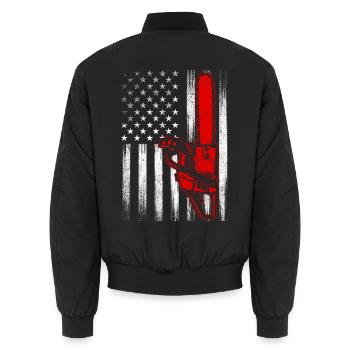 US Flag Chainsaw – Patriotischer Baumpfleger und Baumchirurg - Unisex Bomberjacke - Schwarz - Hinten - AI Model Male 185 light (185cm)