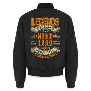 1960 March Birthday Legend - Unisex Bomber Jacket - black - Back - AI Model Male 185 light (185cm)