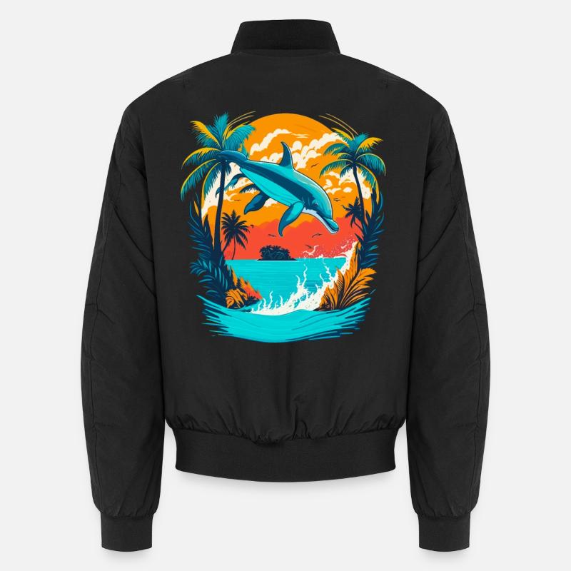 Dolphin with Tropical Sunset - Unisex Bomber Jacket - black