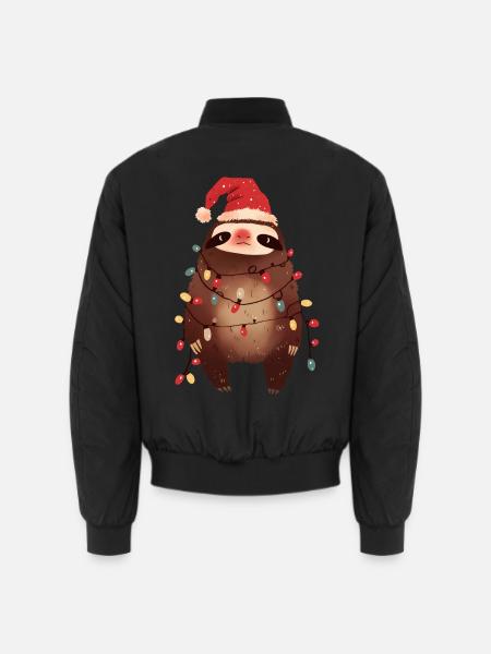 Funny Sloth Fairy Lights Christmas Tree - Unisex Bomber Jacket - black