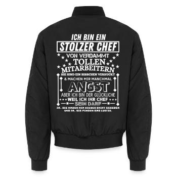 Proud Funny Gift for Manager Office - Unisex Bomber Jacket - black - Back - AI Model Male 185 light (185cm)