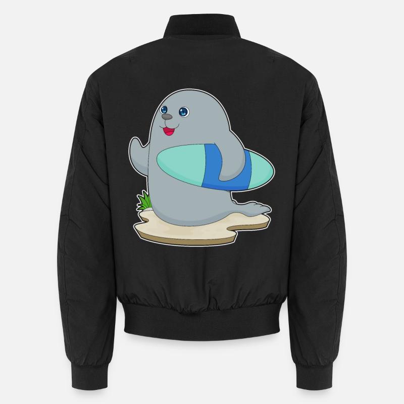 Seal Surfing Surfboard Summer - Unisex Bomber Jacket - black