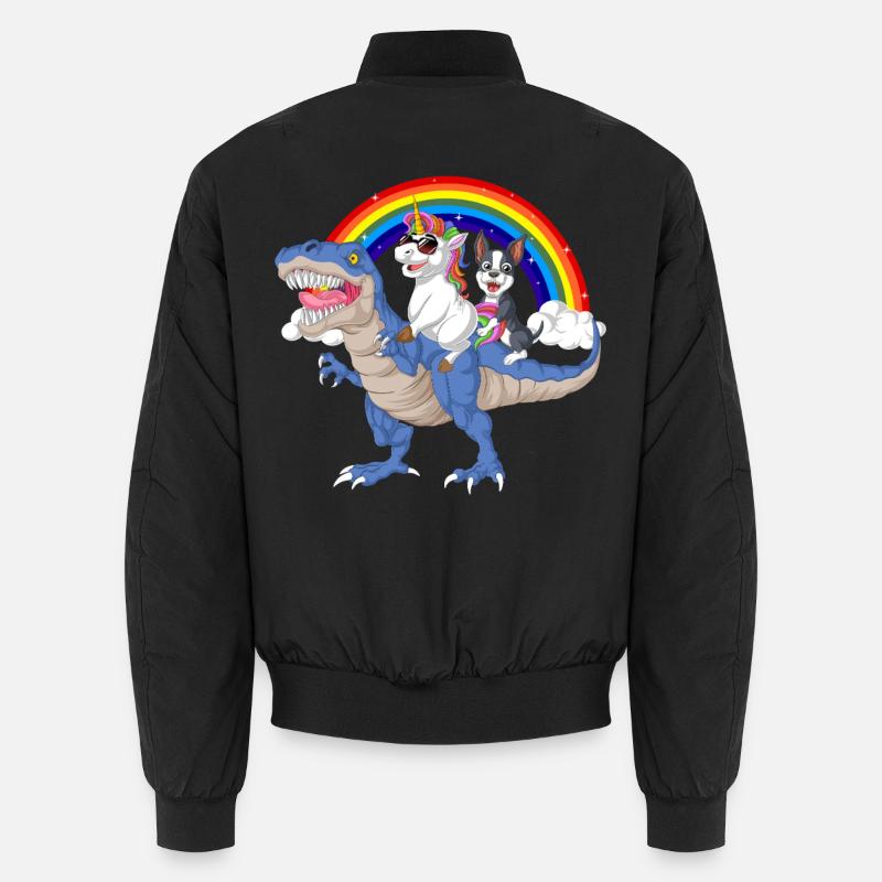 Regenbogen-Einhorn und Boston Terrier auf Dinosaurier Unisex Bomberjacke