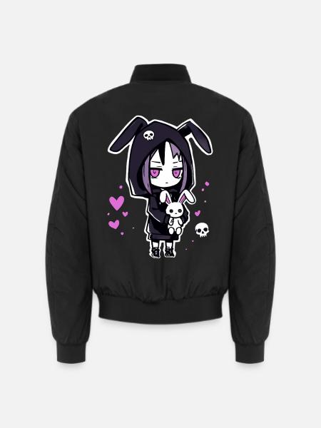 Gothic Anime Girl mit Bunny Hoodie und Totenkopf - Unisex Bomberjacke - Schwarz