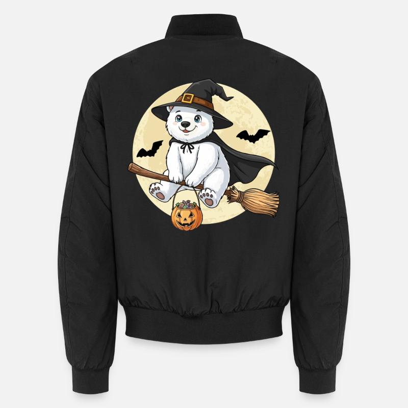 Cute Polar Bear Witch Halloween Pumpkin Full Moon Unisex Bomber Jacket