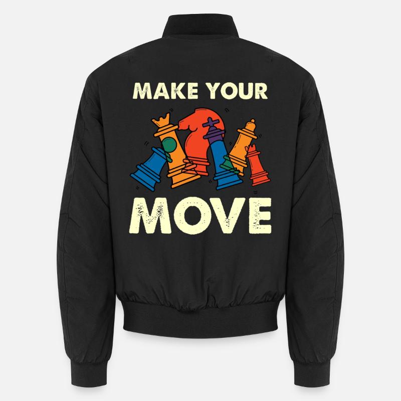 Mach deinen Zug – bunte Schachfiguren Unisex Bomberjacke
