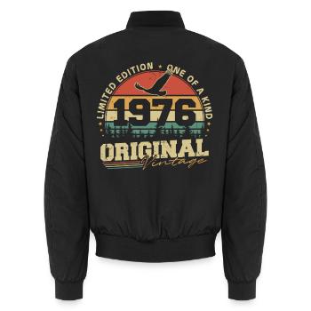 Original 1976 Vintage Born Retro Birthday - Unisex Bomber Jacket - black - Back - AI Model Male 185 light (185cm)