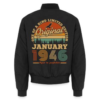 Januar 1946 Vintage-Retro-Geburtstagsgeschenk - Unisex Bomberjacke - Schwarz - Hinten - AI Model Male 185 light (185cm)