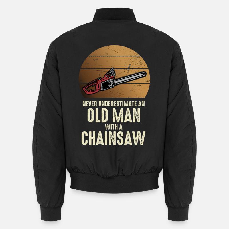Alter Mann mit Kettensäge Unisex Bomberjacke