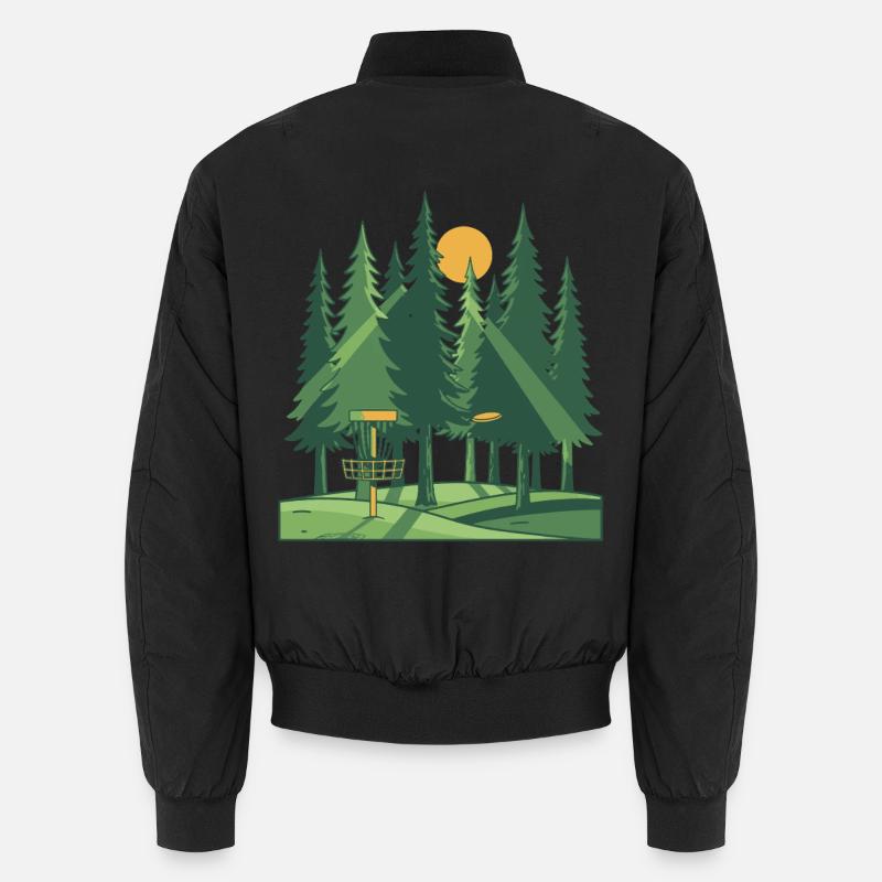 Disc Golf Forest Sunset Flying Disc Basket Scene Unisex Bomber Jacket