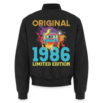 40 Year Anniversary 1986 Retro Vintage Cassette - Unisex Bomber Jacket - black - Back - AI Model Male 185 light (185cm)