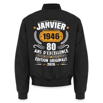 Vintage Janvier 1946 Cadeau D'anniversaire 80 Ans - Bomber unisexe - noir - Dos - AI Model Male 185 light (185cm)