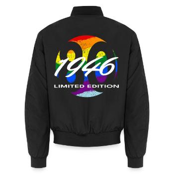 80th Birthday 1946 Gift for Men and Women - Unisex Bomber Jacket - black - Back - AI Model Male 185 light (185cm)