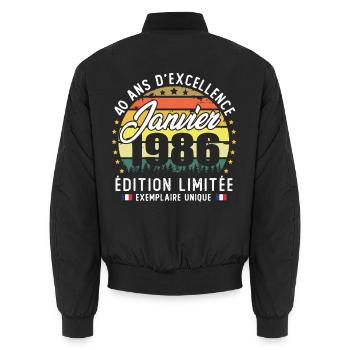 Janvier 1986 Vintage Cadeau Anniversaire 40 Ans - Bomber unisexe - noir - Dos - AI Model Male 185 light (185cm)