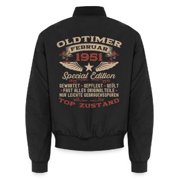 77th Birthday Oldtimer February Vintage 1951 - Unisex Bomber Jacket - black - Back - AI Model Male 185 light (185cm)