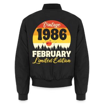 Anniversaire 40 ans Février 1986 Cadeau Vintage - Bomber unisexe - noir - Dos - AI Model Male 185 light (185cm)