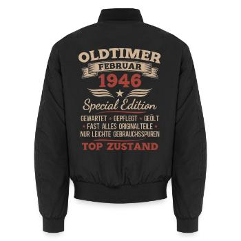 80th Birthday Man Vintage 1946 February - Unisex Bomber Jacket - black - Back - AI Model Male 185 light (185cm)